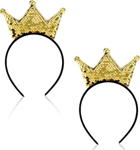2 Pcs Sequin Crown Headband Princess Glitter Hair Band Shiny Gold Hair Hoop Cute Hair Styling Clip Elastic Costume Birthday Headwear for Women Christmas Party Tiaras Supplies