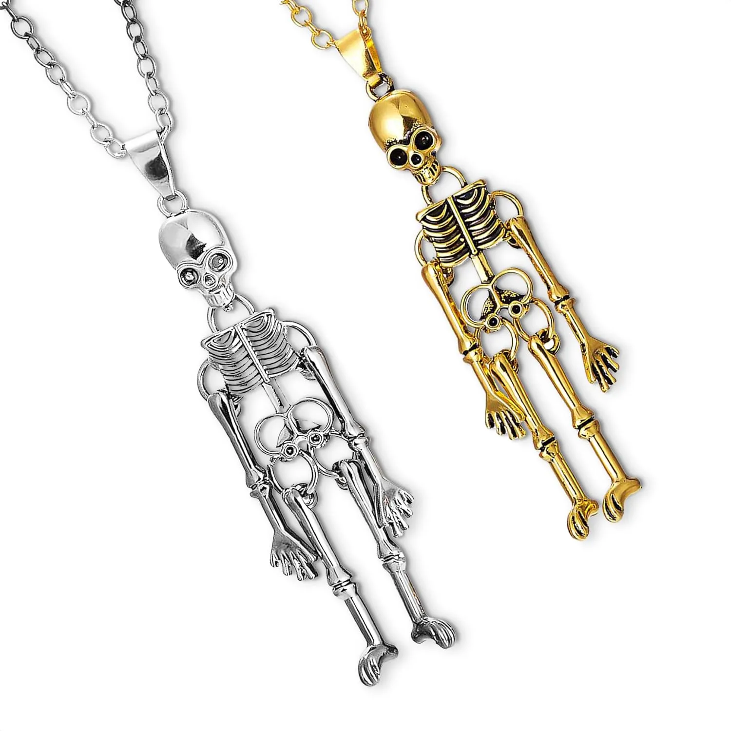 2 Pcs Skeleton Necklace for Women Halloween Jewelry - Gold Skull Necklace Silver Skeleton Pendant Gothic Jewelry Gold Skeleton Jewelry Halloween Decoration - Skeleton Pendant Goth Necklace Men Jewelry