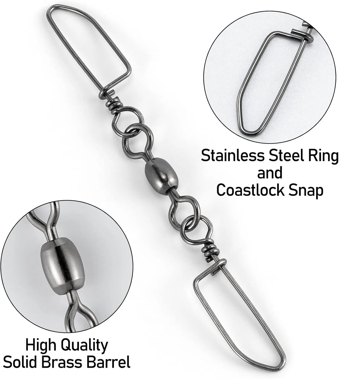 30-Pack Double Snap Swivels, Trolling Planer Board Line Release Clips, High Strength Stainless Steel Coastlock Snaps with Black Nickel Coating, Saltwater Barrel Swivels Connector