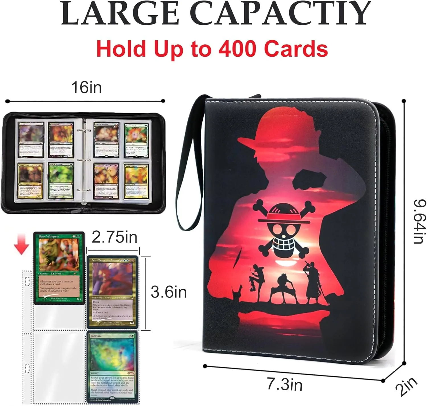 400 Pockets Trading Card Binder for One Piece Cards,Portable Waterproof Card Storage Bag with Removable Sleeves for Anime, Game and TCG Cards