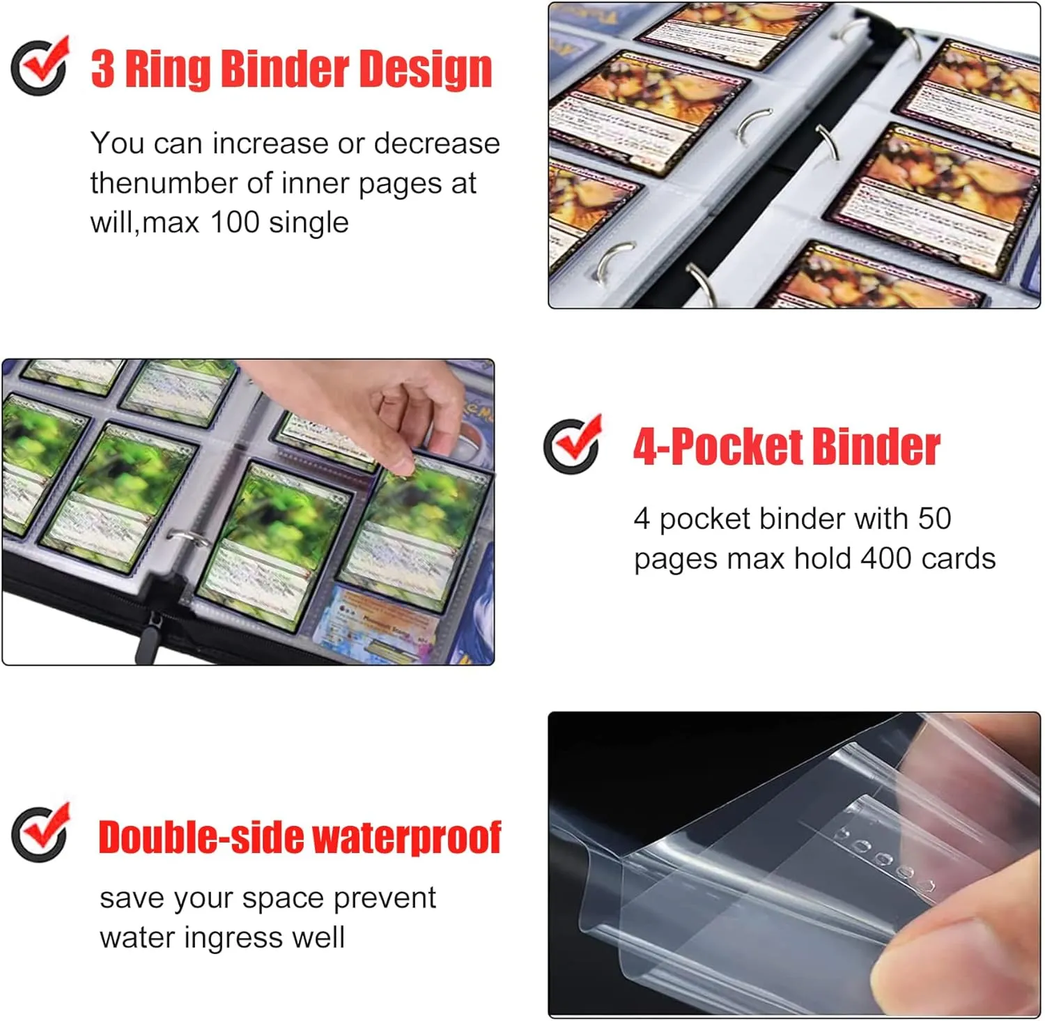 400 Pockets Trading Card Binder for One Piece Cards,Portable Waterproof Card Storage Bag with Removable Sleeves for Anime, Game and TCG Cards