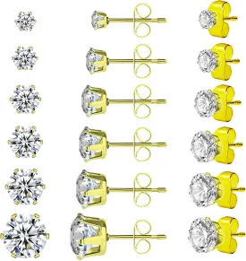 6 Pairs 14k Gold Plated Stud Earrings for Women Hypoallergenic Cubic Zirconia 316L Surgical Stainless Steel Earring Studs 3-8 Mm