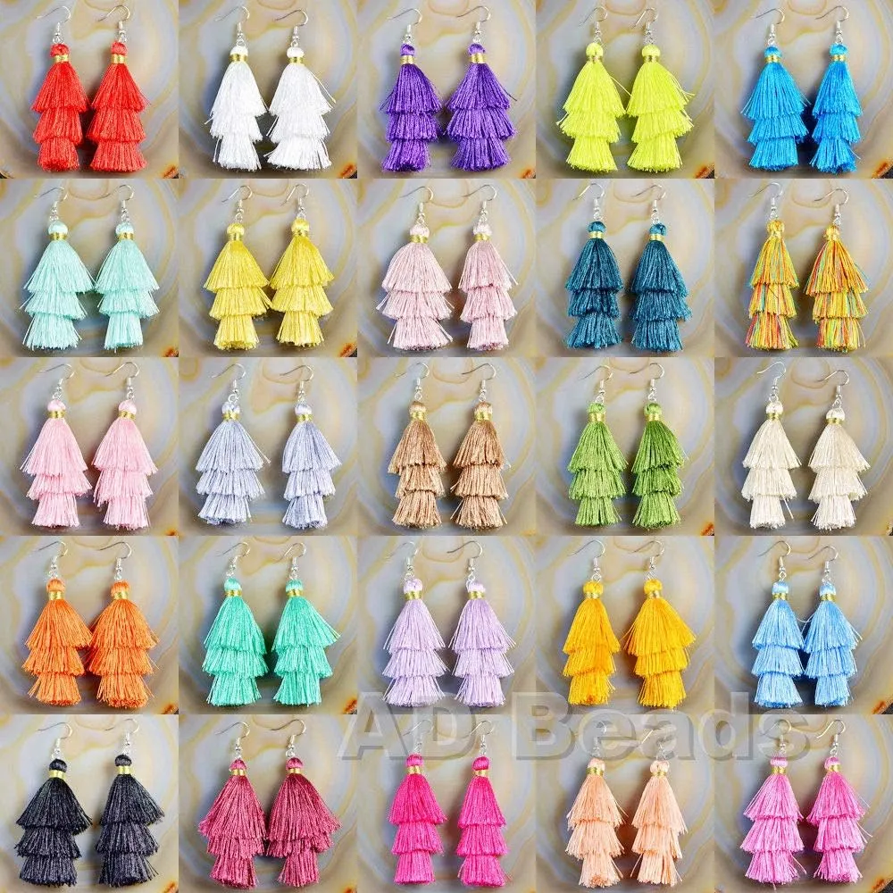 AD Beads Fashion Charm Crystal Silk Tassel 3 Layers Fan Fringe Dangle Earrings designer costume jewelry