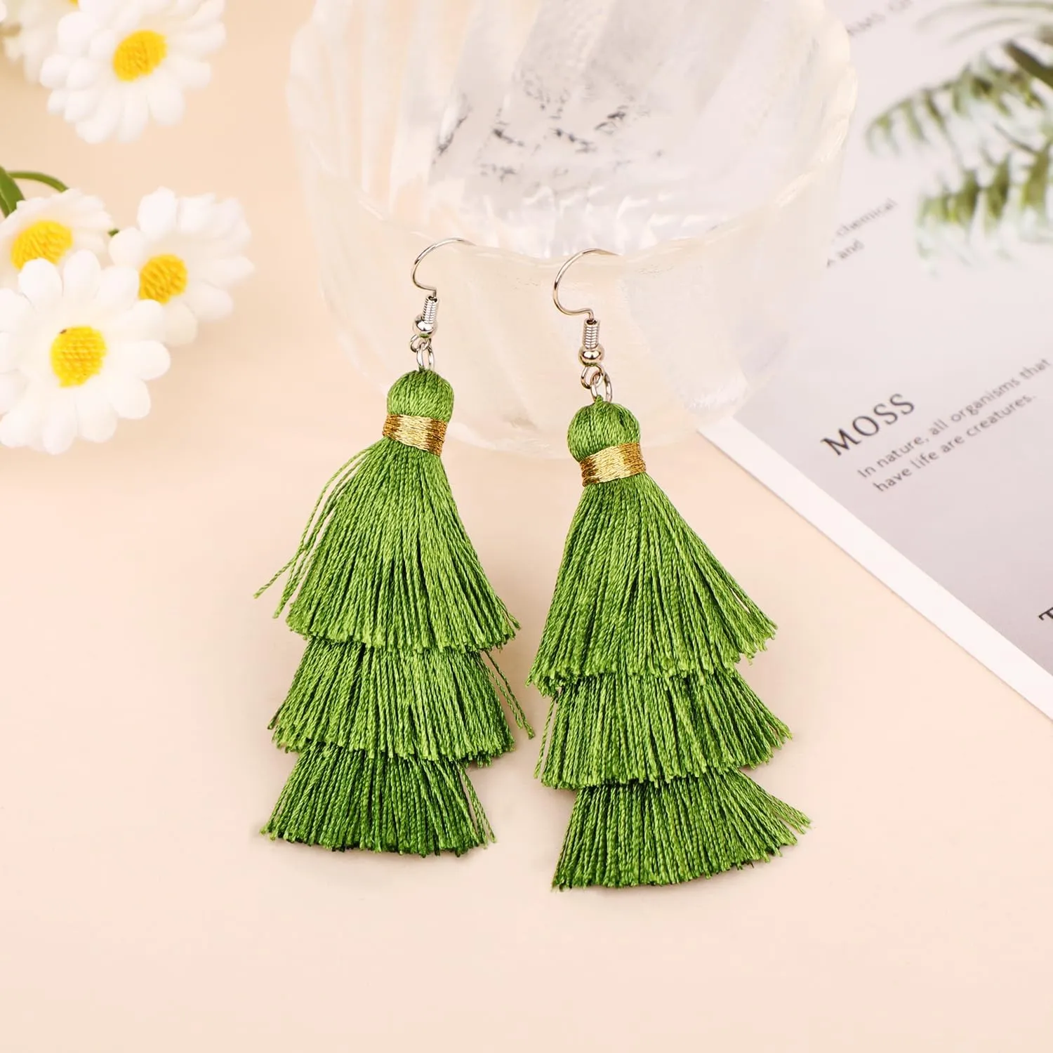 AD Beads Fashion Charm Crystal Silk Tassel 3 Layers Fan Fringe Dangle Earrings designer costume jewelry