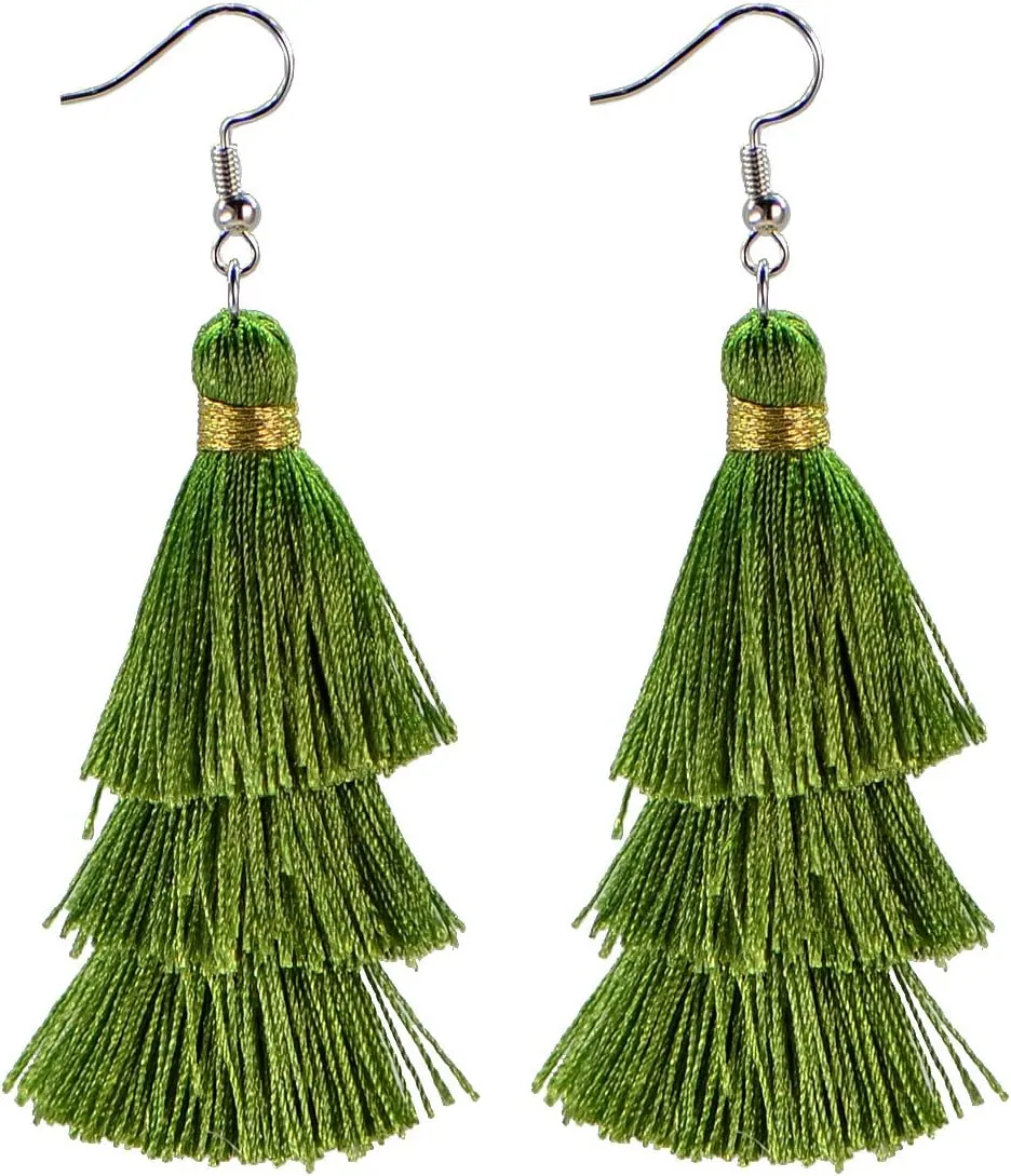 AD Beads Fashion Charm Crystal Silk Tassel 3 Layers Fan Fringe Dangle Earrings designer costume jewelry