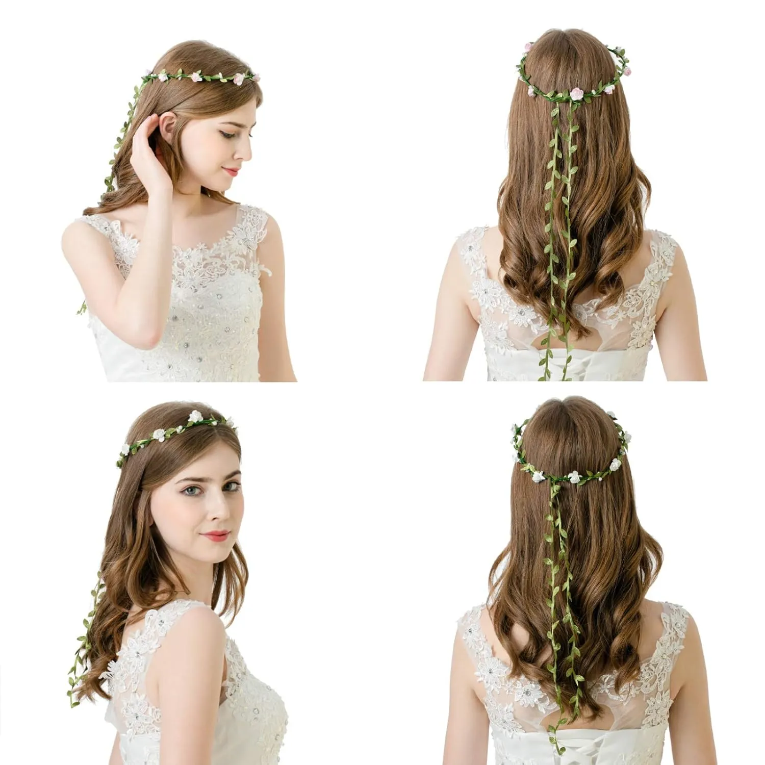 AWAYTR 2Pcs Fashion for Bohemian Style Wedding Bride Bridal Headdress Floral Flower Garland Headwear Headbands (Cream white pink)