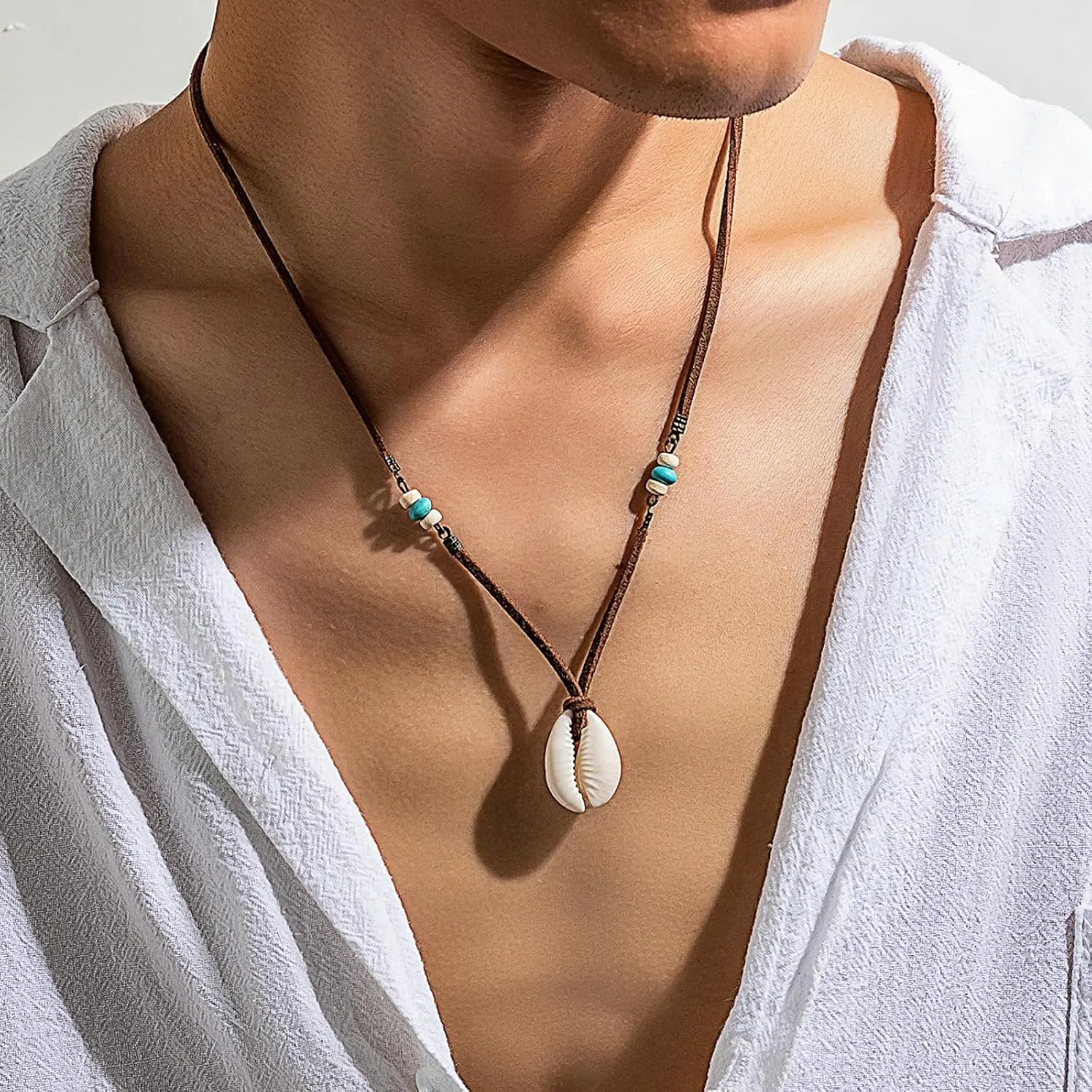 Beaded Necklace for Men Women,Boho Turquoise White Shell Necklace Punk Cool Black Beaded Necklace Hip-Hop Black Crystal Pendant Necklace Simple Beach Jewelry