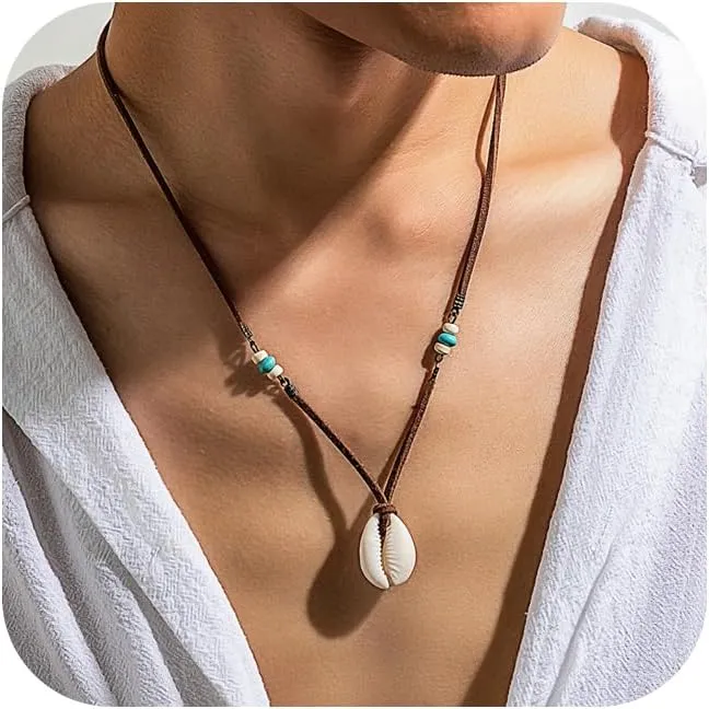 Beaded Necklace for Men Women,Boho Turquoise White Shell Necklace Punk Cool Black Beaded Necklace Hip-Hop Black Crystal Pendant Necklace Simple Beach Jewelry