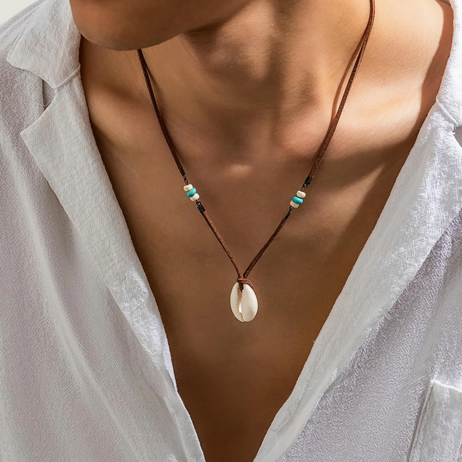 Beaded Necklace for Men Women,Boho Turquoise White Shell Necklace Punk Cool Black Beaded Necklace Hip-Hop Black Crystal Pendant Necklace Simple Beach Jewelry