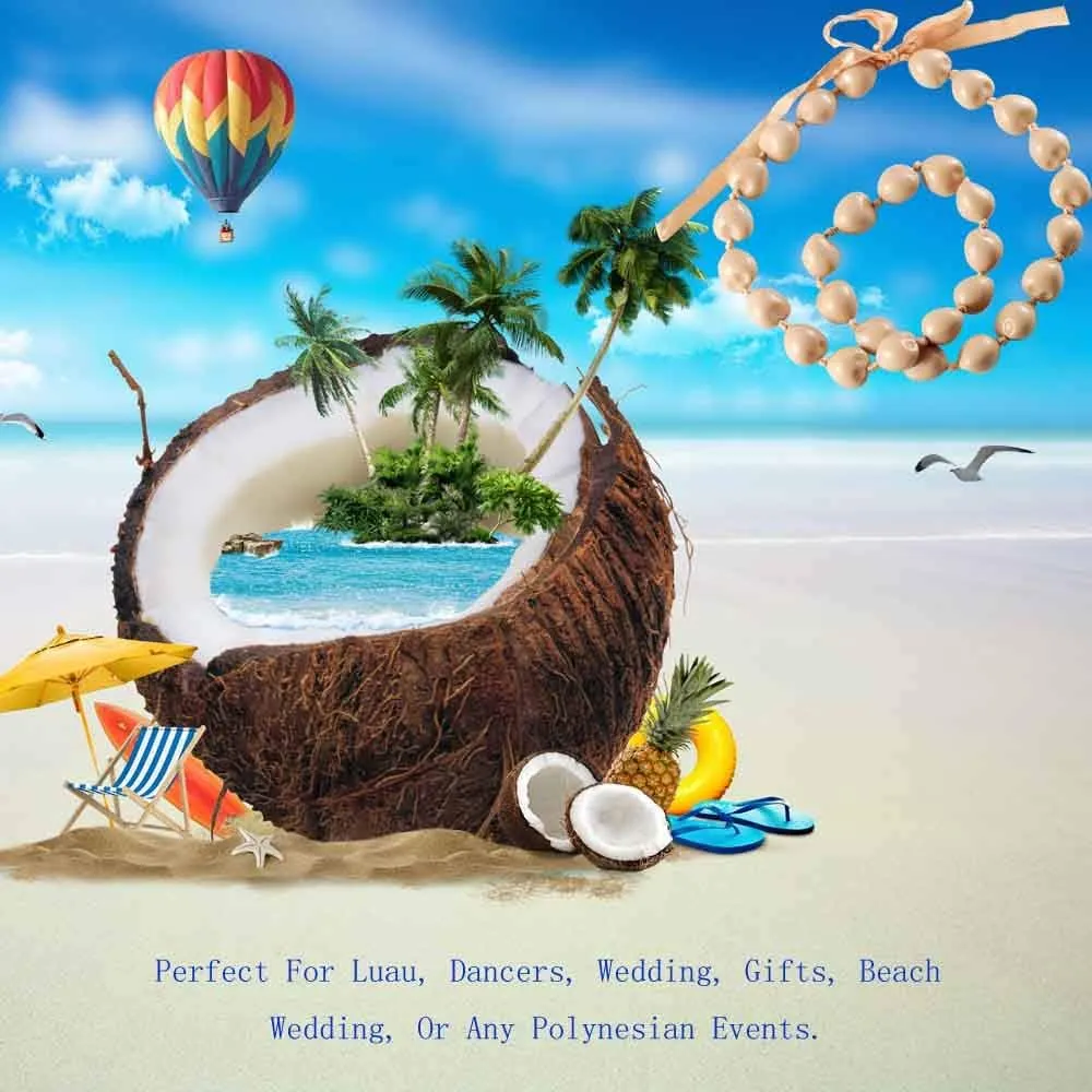BNQL Chunky Hawaiian Kukui Nut Lei Necklace with Ribbon Bow Closure Graduation Gift