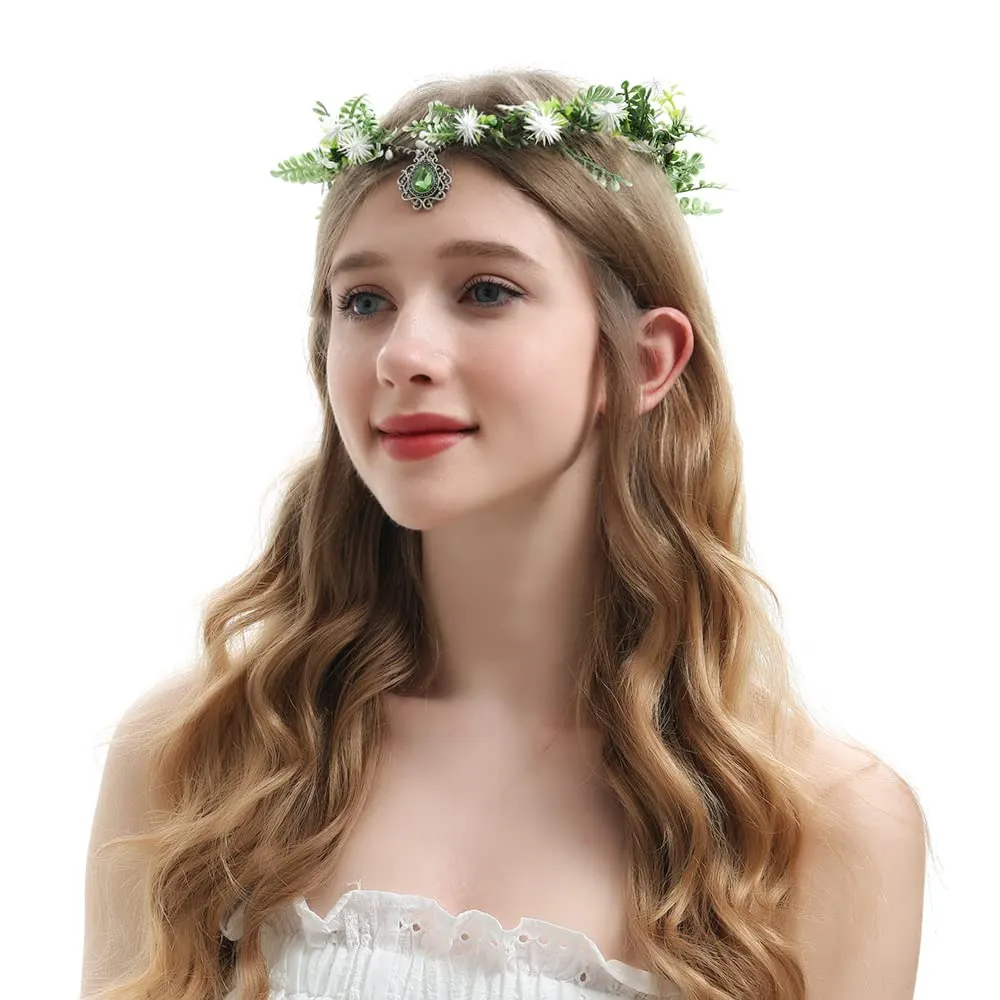 Bubbmi Elf Costume Flower Crown Headband with Pendant, Woodland Forest Crown Fairy Goddess Tiara, Festival Party Headpiece for Women