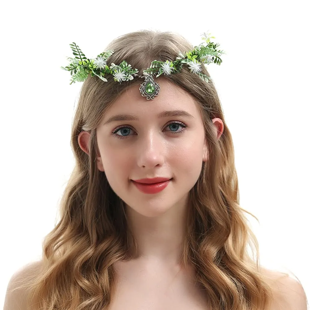 Bubbmi Elf Costume Flower Crown Headband with Pendant, Woodland Forest Crown Fairy Goddess Tiara, Festival Party Headpiece for Women