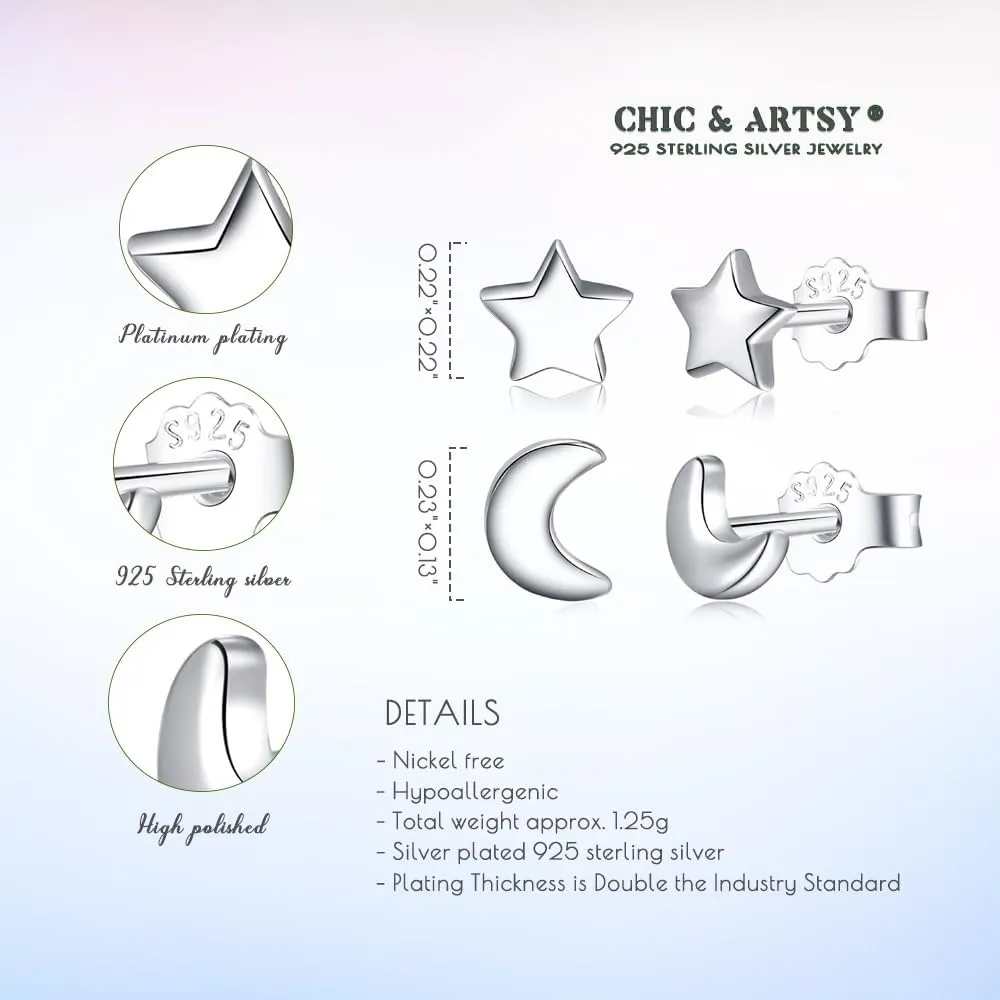 CHIC & ARTSY Solid Real 925 Sterling Silver Satr Moon Stud Earrings | Dainty Celestial Stud Earrings | Tiny Cartilage Earrings for Women