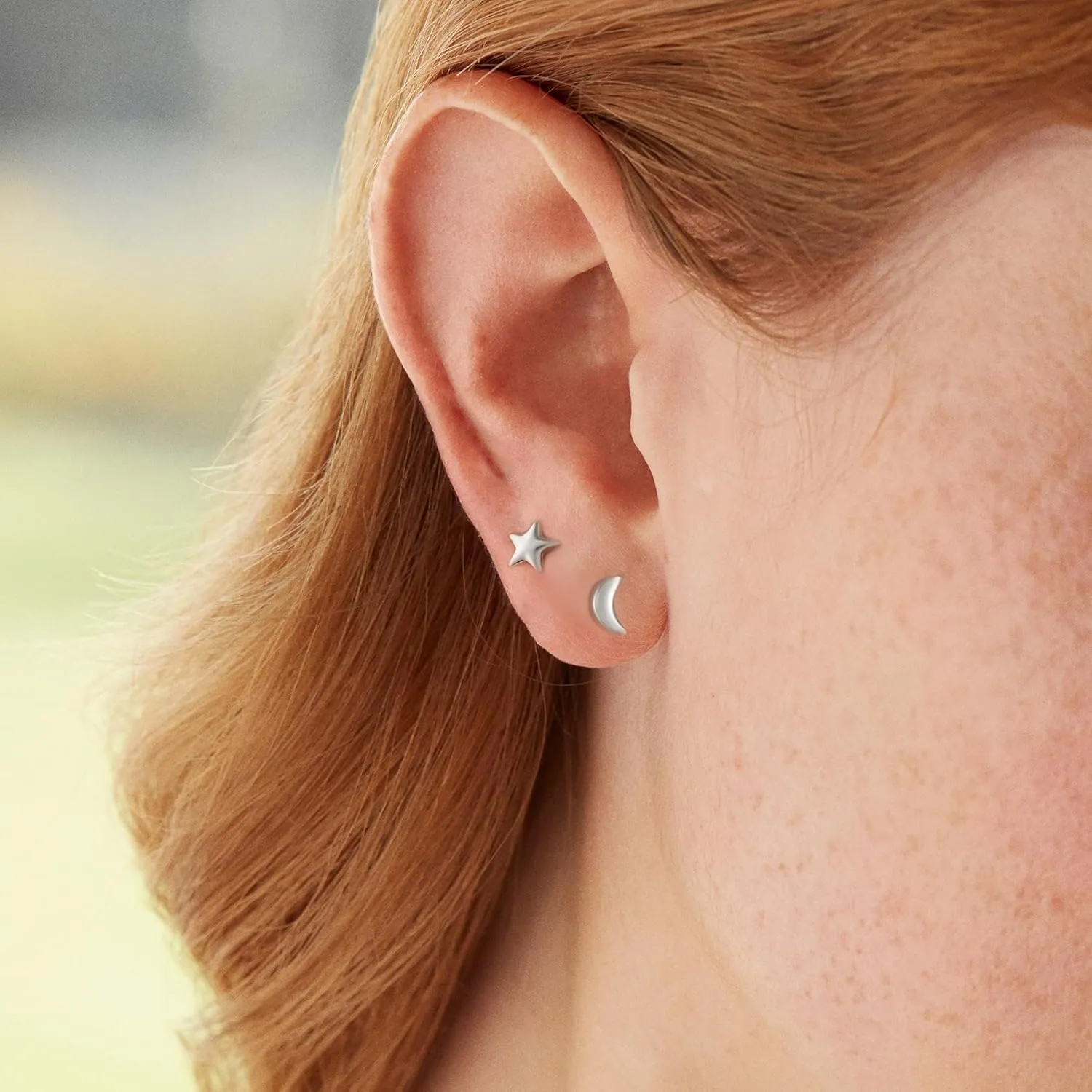 CHIC & ARTSY Solid Real 925 Sterling Silver Satr Moon Stud Earrings | Dainty Celestial Stud Earrings | Tiny Cartilage Earrings for Women
