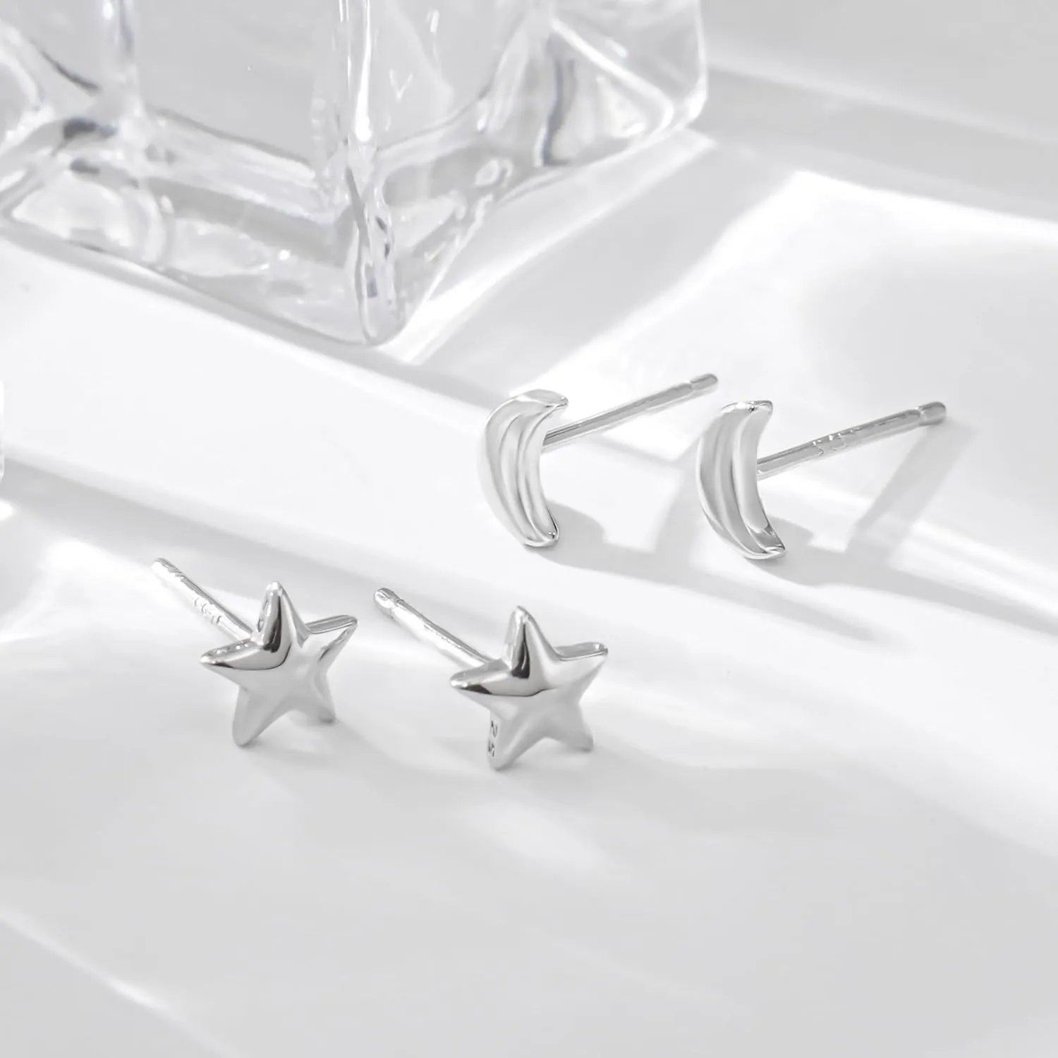 CHIC & ARTSY Solid Real 925 Sterling Silver Satr Moon Stud Earrings | Dainty Celestial Stud Earrings | Tiny Cartilage Earrings for Women