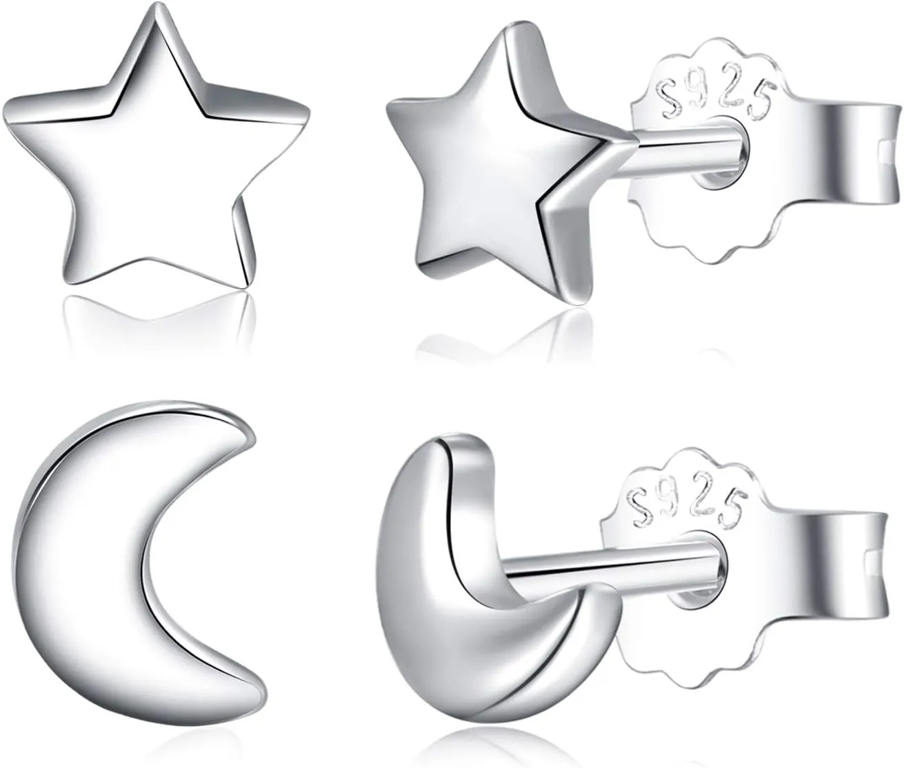 CHIC & ARTSY Solid Real 925 Sterling Silver Satr Moon Stud Earrings | Dainty Celestial Stud Earrings | Tiny Cartilage Earrings for Women