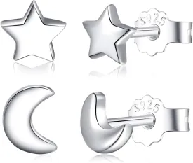 CHIC & ARTSY Solid Real 925 Sterling Silver Satr Moon Stud Earrings | Dainty Celestial Stud Earrings | Tiny Cartilage Earrings for Women