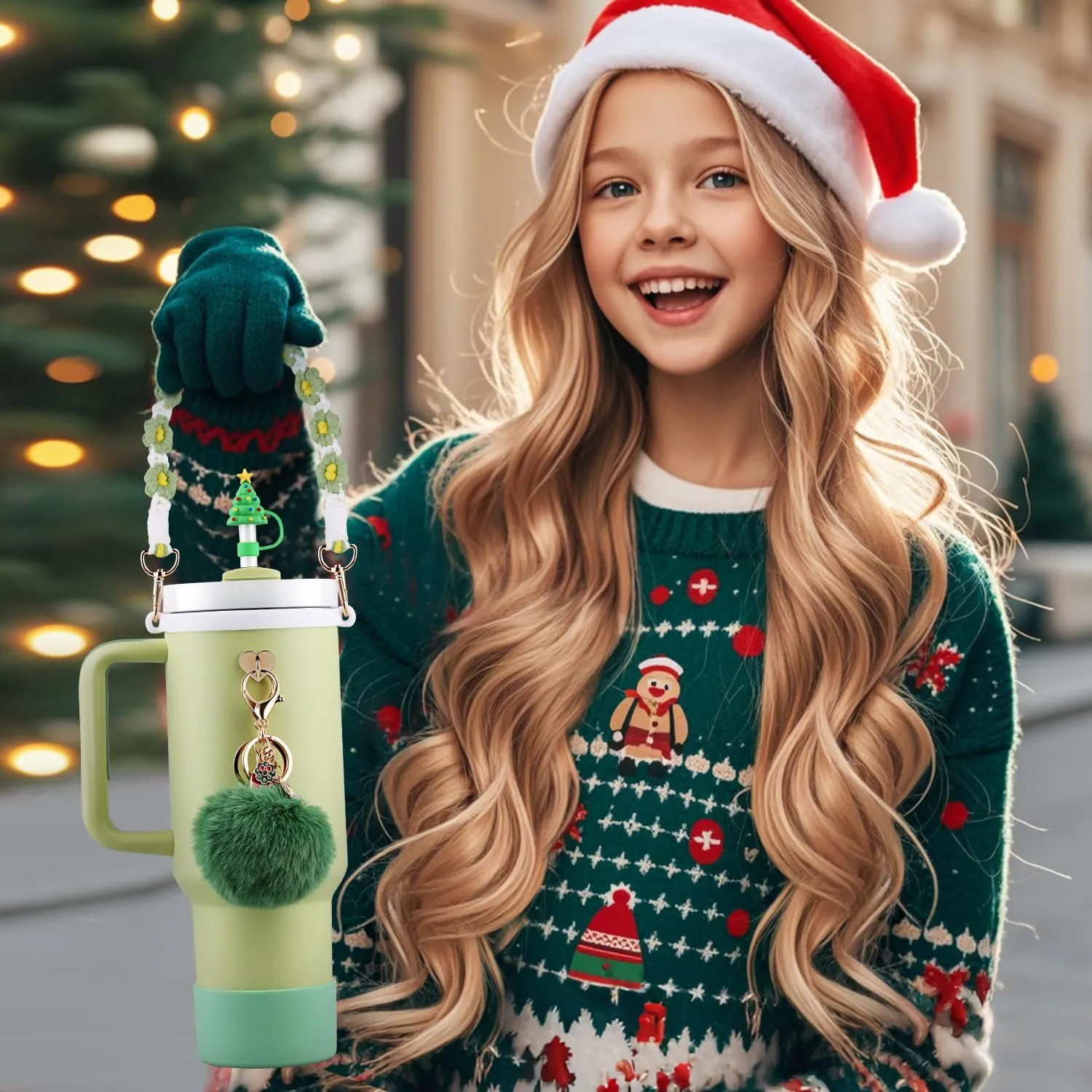 Christmas Accessories Set for Stanley Cup,Water Bottle Handle Strap, Siliocne Boot, Cute Straw Cover, Xmas Charms, Straw Topper for Stanley Cup 40oz & 30oz Tumbler 8 Pcs (Green)