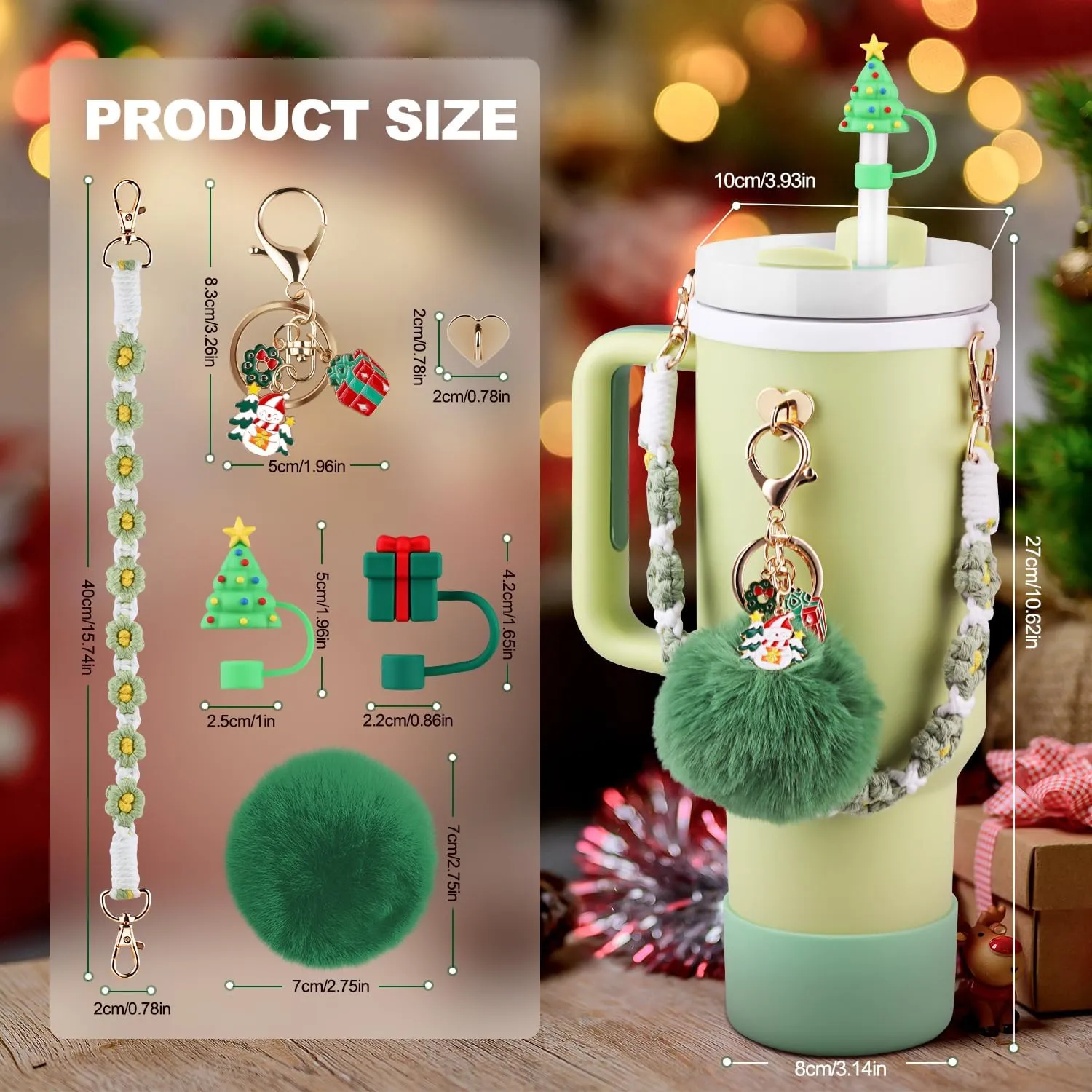 Christmas Accessories Set for Stanley Cup,Water Bottle Handle Strap, Siliocne Boot, Cute Straw Cover, Xmas Charms, Straw Topper for Stanley Cup 40oz & 30oz Tumbler 8 Pcs (Green)