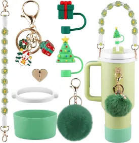 Christmas Accessories Set for Stanley Cup,Water Bottle Handle Strap, Siliocne Boot, Cute Straw Cover, Xmas Charms, Straw Topper for Stanley Cup 40oz & 30oz Tumbler 8 Pcs (Green)