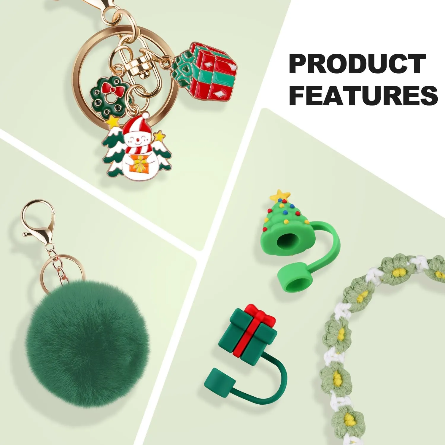 Christmas Accessories Set for Stanley Cup,Water Bottle Handle Strap, Siliocne Boot, Cute Straw Cover, Xmas Charms, Straw Topper for Stanley Cup 40oz & 30oz Tumbler 8 Pcs (Green)