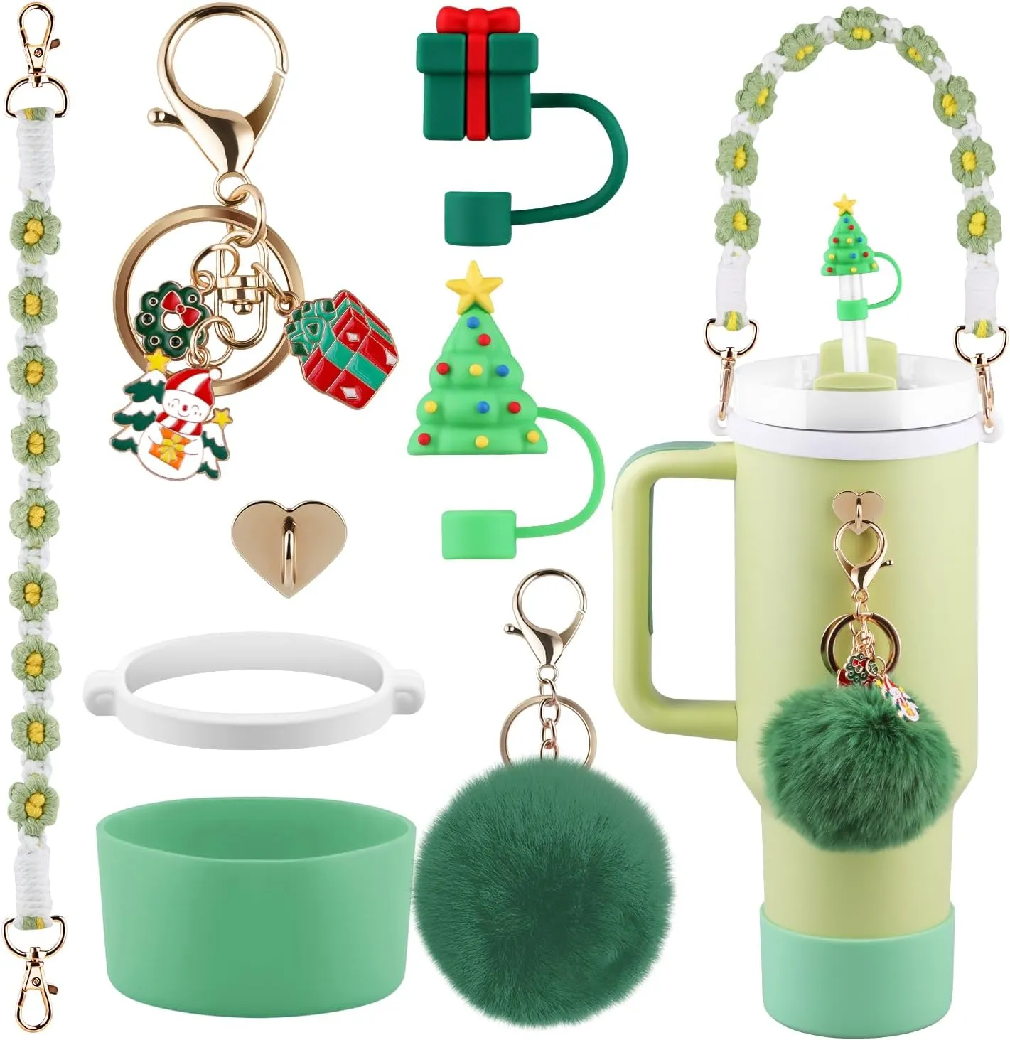 Christmas Accessories Set for Stanley Cup,Water Bottle Handle Strap, Siliocne Boot, Cute Straw Cover, Xmas Charms, Straw Topper for Stanley Cup 40oz & 30oz Tumbler 8 Pcs (Green)