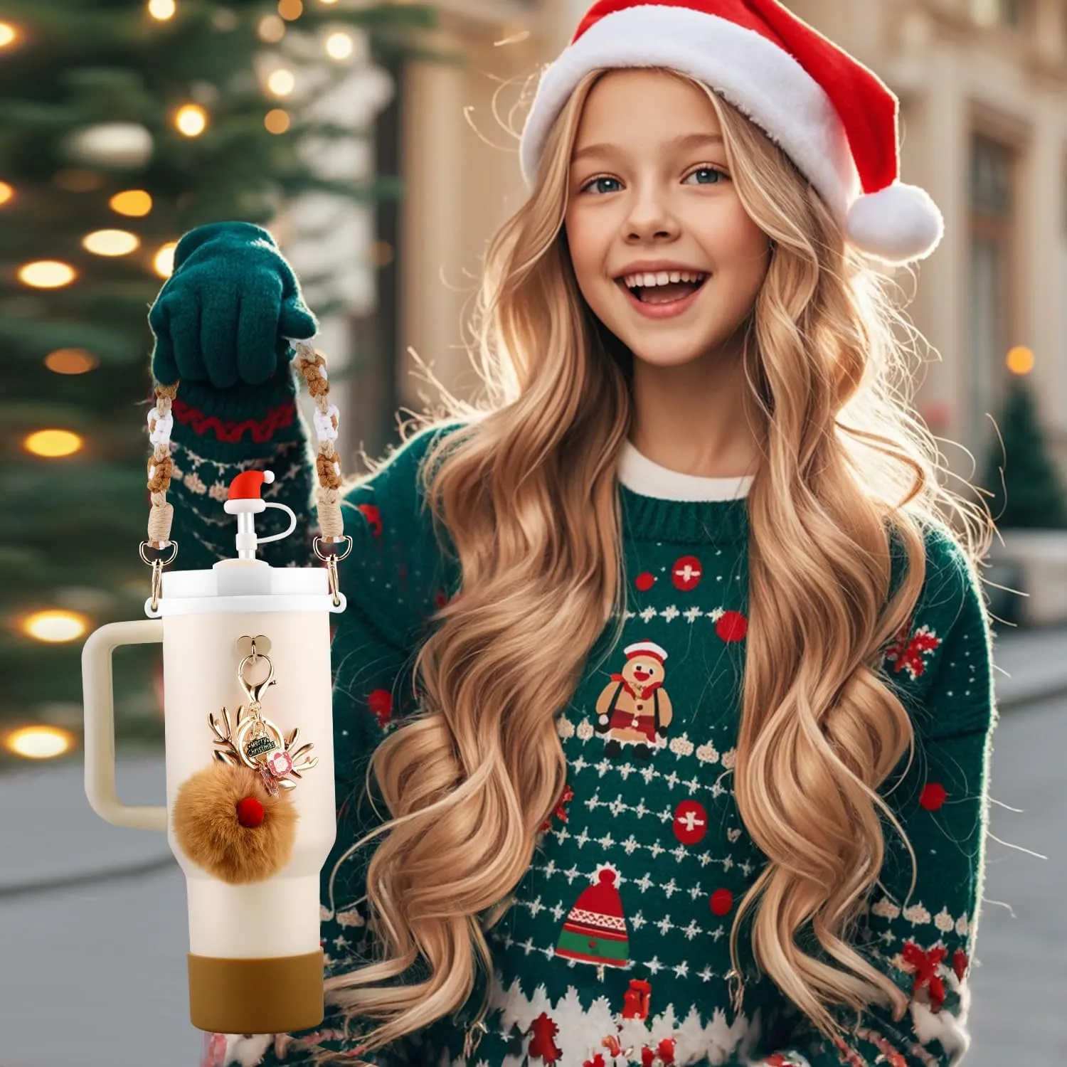 Christmas Water Bottle Accessories Set for Stanley Cup,Handle Strap, Siliocne Boot, Christmas Straw Cover, Xmas Charms, Straw Topper for Stanley Cup 40oz & 30oz Tumbler 8 Pcs (Brown)