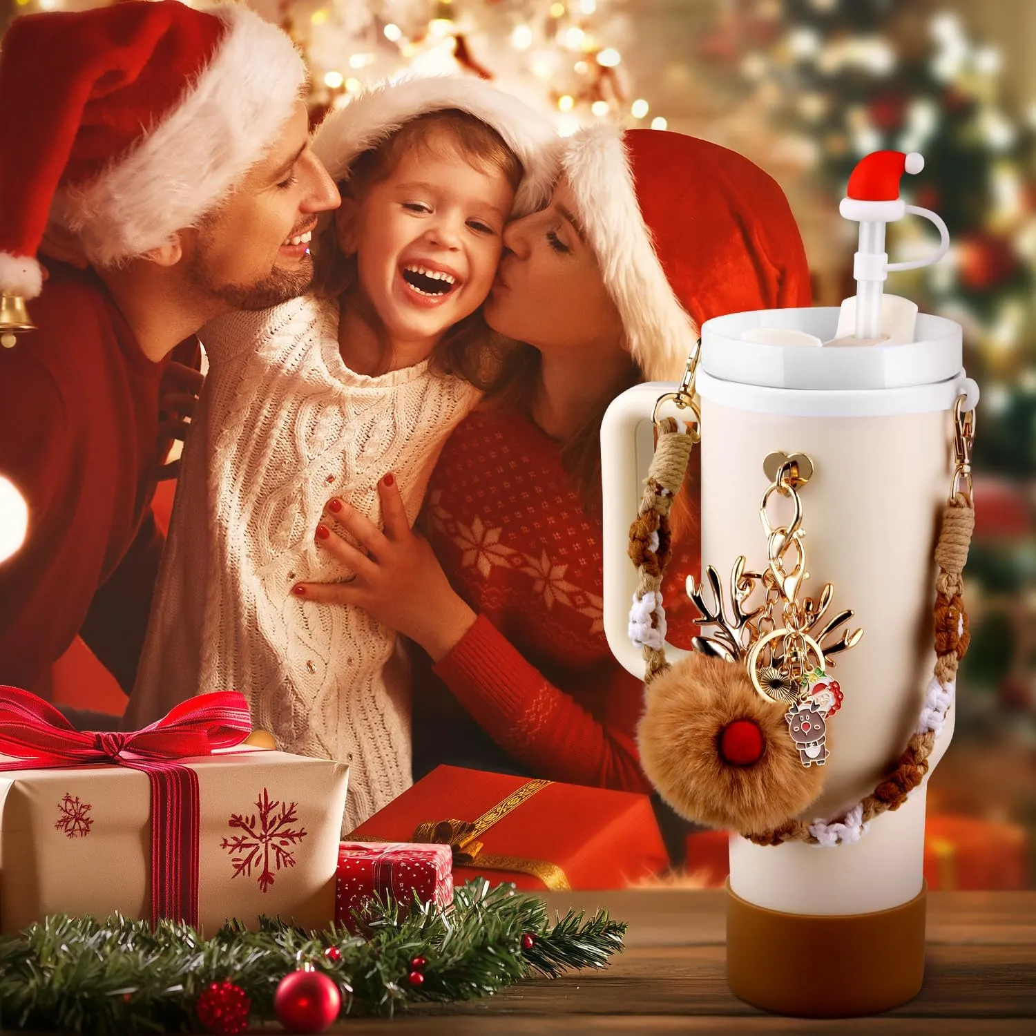 Christmas Water Bottle Accessories Set for Stanley Cup,Handle Strap, Siliocne Boot, Christmas Straw Cover, Xmas Charms, Straw Topper for Stanley Cup 40oz & 30oz Tumbler 8 Pcs (Brown)