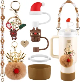 Christmas Water Bottle Accessories Set for Stanley Cup,Handle Strap, Siliocne Boot, Christmas Straw Cover, Xmas Charms, Straw Topper for Stanley Cup 40oz & 30oz Tumbler 8 Pcs (Brown)