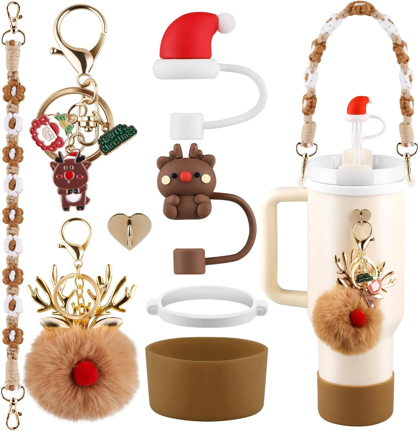 Christmas Water Bottle Accessories Set for Stanley Cup,Handle Strap, Siliocne Boot, Christmas Straw Cover, Xmas Charms, Straw Topper for Stanley Cup 40oz & 30oz Tumbler 8 Pcs (Brown)
