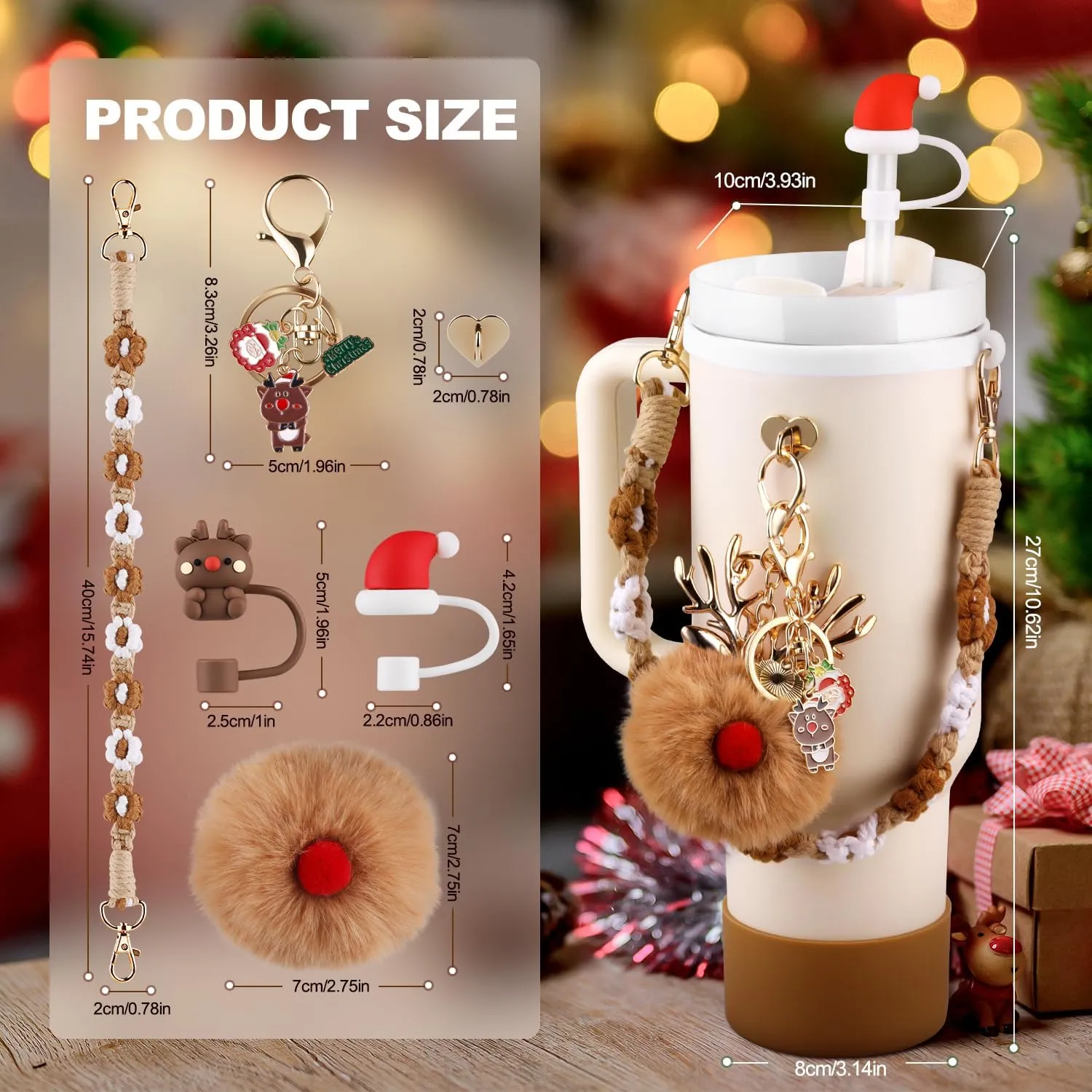 Christmas Water Bottle Accessories Set for Stanley Cup,Handle Strap, Siliocne Boot, Christmas Straw Cover, Xmas Charms, Straw Topper for Stanley Cup 40oz & 30oz Tumbler 8 Pcs (Brown)