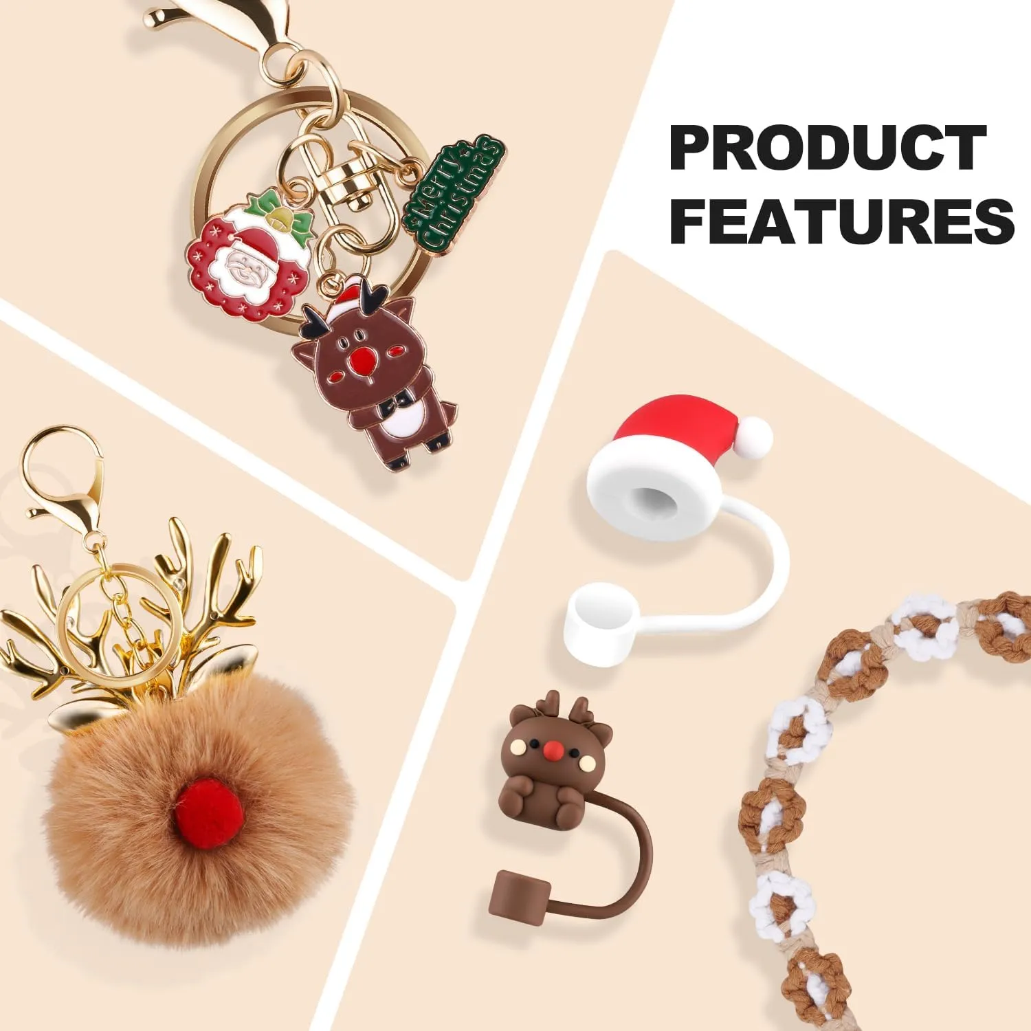 Christmas Water Bottle Accessories Set for Stanley Cup,Handle Strap, Siliocne Boot, Christmas Straw Cover, Xmas Charms, Straw Topper for Stanley Cup 40oz & 30oz Tumbler 8 Pcs (Brown)