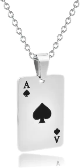 Cool Punk Rock Poker Card Ace Pendant Necklace for Men Boyfriend, Playing Card Poker Tag Lucky Ace of Spade Heart Royal Flush Games Chain Necklace