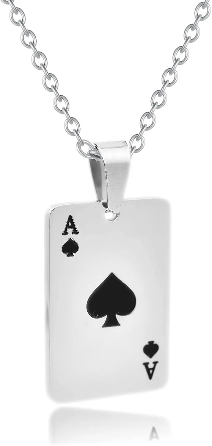 Cool Punk Rock Poker Card Ace Pendant Necklace for Men Boyfriend, Playing Card Poker Tag Lucky Ace of Spade Heart Royal Flush Games Chain Necklace