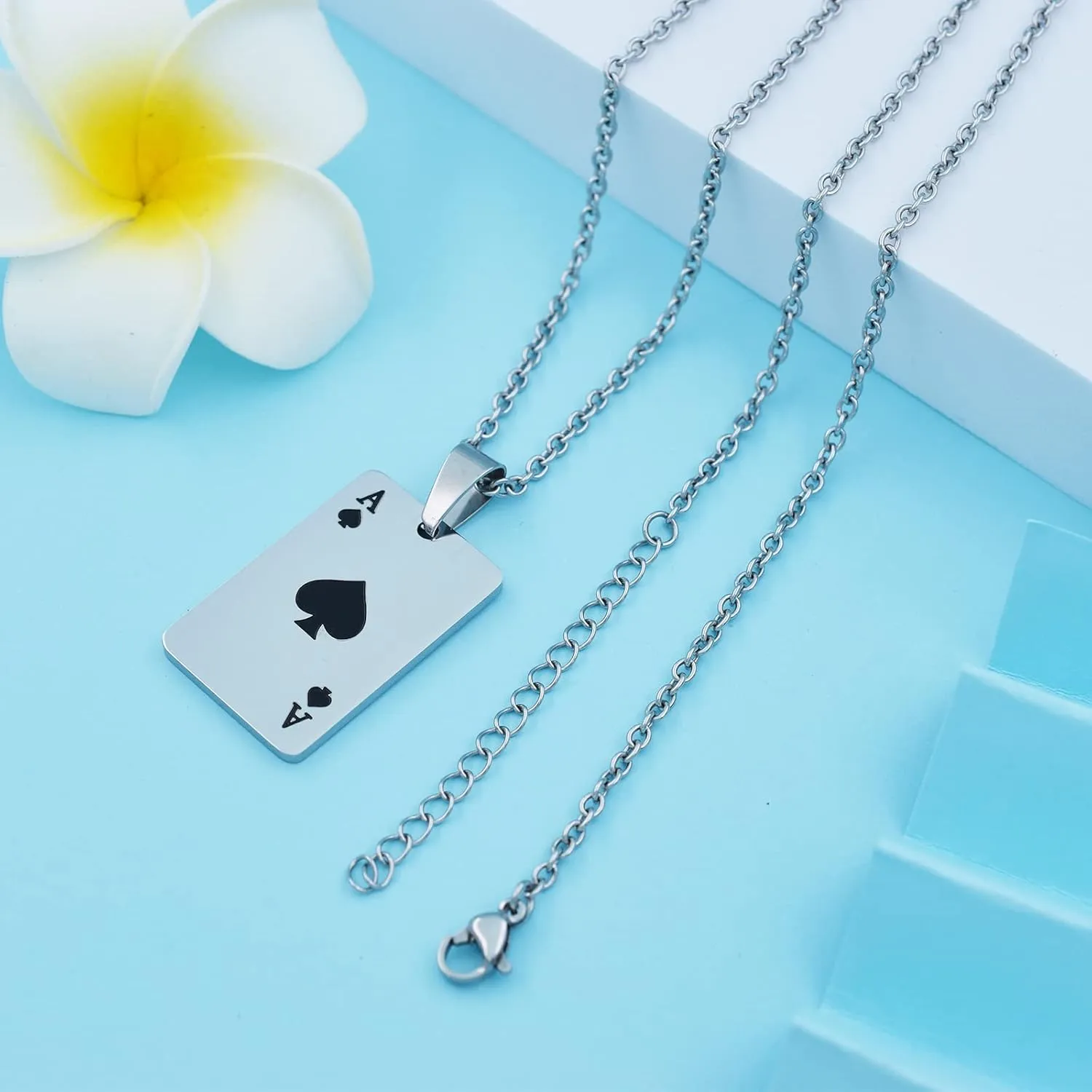 Cool Punk Rock Poker Card Ace Pendant Necklace for Men Boyfriend, Playing Card Poker Tag Lucky Ace of Spade Heart Royal Flush Games Chain Necklace