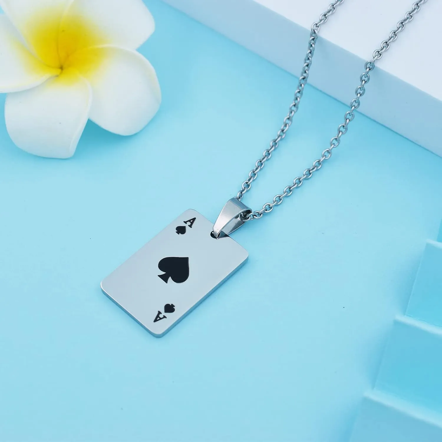 Cool Punk Rock Poker Card Ace Pendant Necklace for Men Boyfriend, Playing Card Poker Tag Lucky Ace of Spade Heart Royal Flush Games Chain Necklace