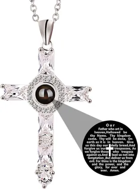 Cross Necklace with Bible Verse Lord's Prayer Projection Pendant Necklace Christian Cross Bible Verse Prayer Statement Religious Jewelry Gift for Men Women