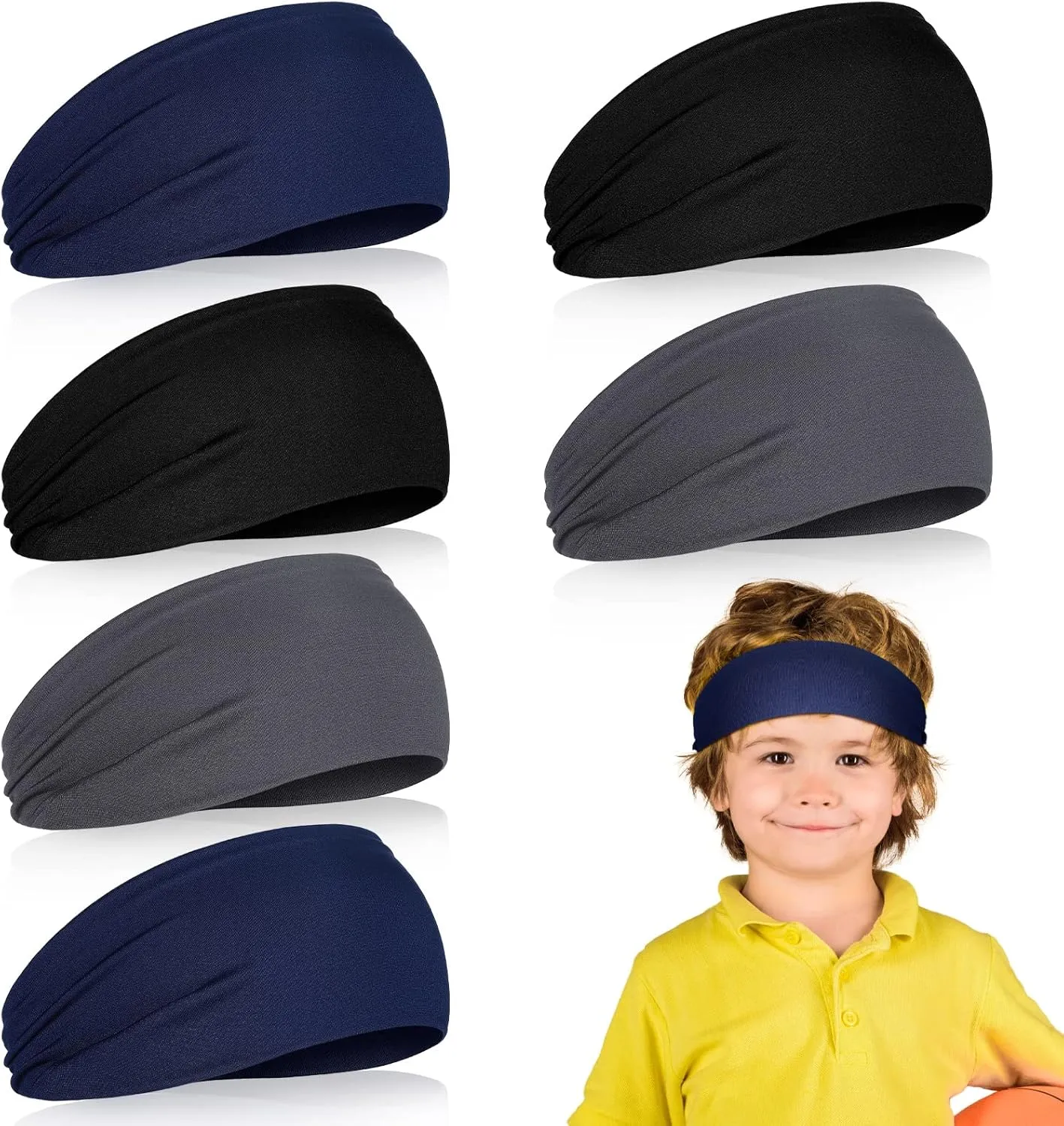 Deekin 6 Pcs Sweatbands for Kids Soccer Headbands Boys for Sports Breathable Sweat Wicking Headband for Kids Athletic Football Baseball Youth 5-15 Years Old