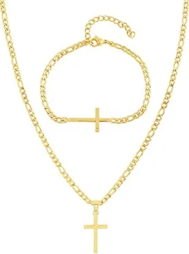 Edforce Stainless Steel 20 inch Figaro Link Chain Cross Necklace and Matching Bracelet, 20"