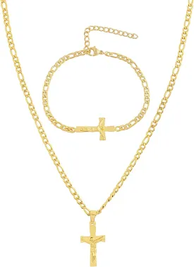 Edforce Stainless Steel 20 inch Figaro Link Chain Cross Necklace and Matching Bracelet, 20"