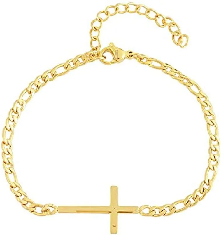 Edforce Stainless Steel 20 inch Figaro Link Chain Cross Necklace and Matching Bracelet, 20"