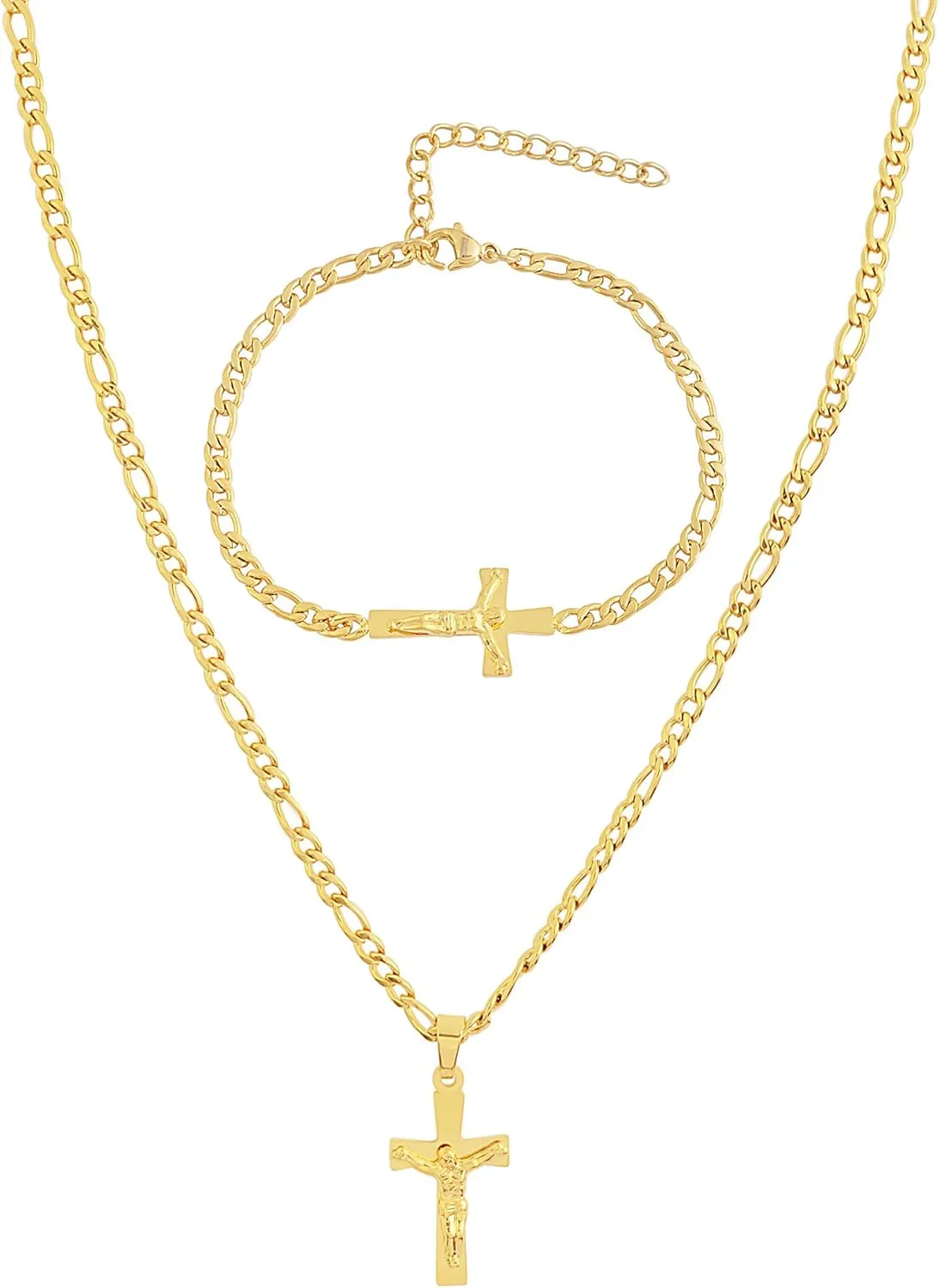 Edforce Stainless Steel 20 inch Figaro Link Chain Cross Necklace and Matching Bracelet, 20"