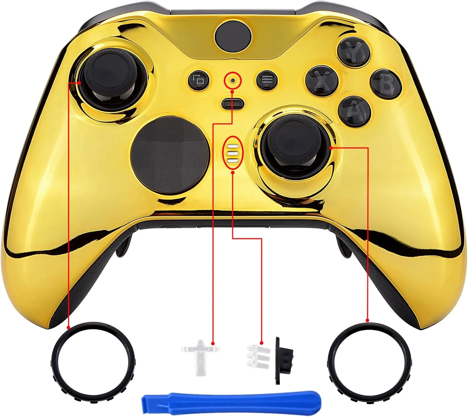 eXtremeRate Chrome Gold Edition Glossy Faceplate Cover, Front Housing Shell Replacement Kit for Xbox One Elite Series 2 - Controller Not Included