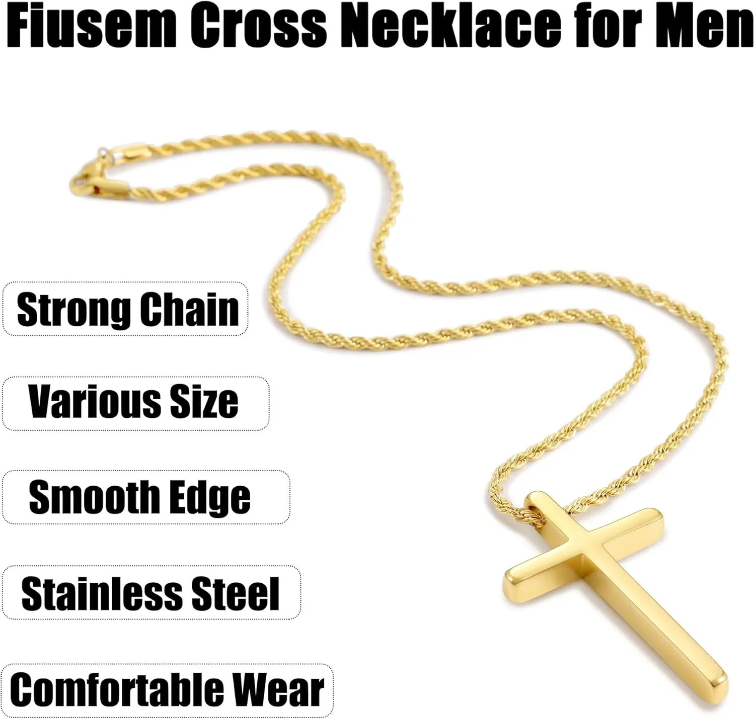 Fiusem Cross Necklace for Men, Mens Cross Necklaces with 2.5mm Rope Chain, Stainless Steel Pendant Chain 16-28 Inch, Jewelry Gift