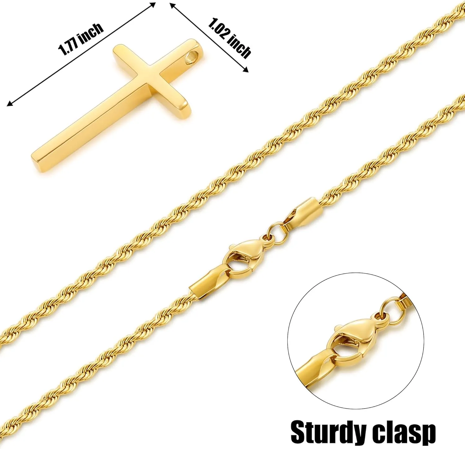 Fiusem Cross Necklace for Men, Mens Cross Necklaces with 2.5mm Rope Chain, Stainless Steel Pendant Chain 16-28 Inch, Jewelry Gift