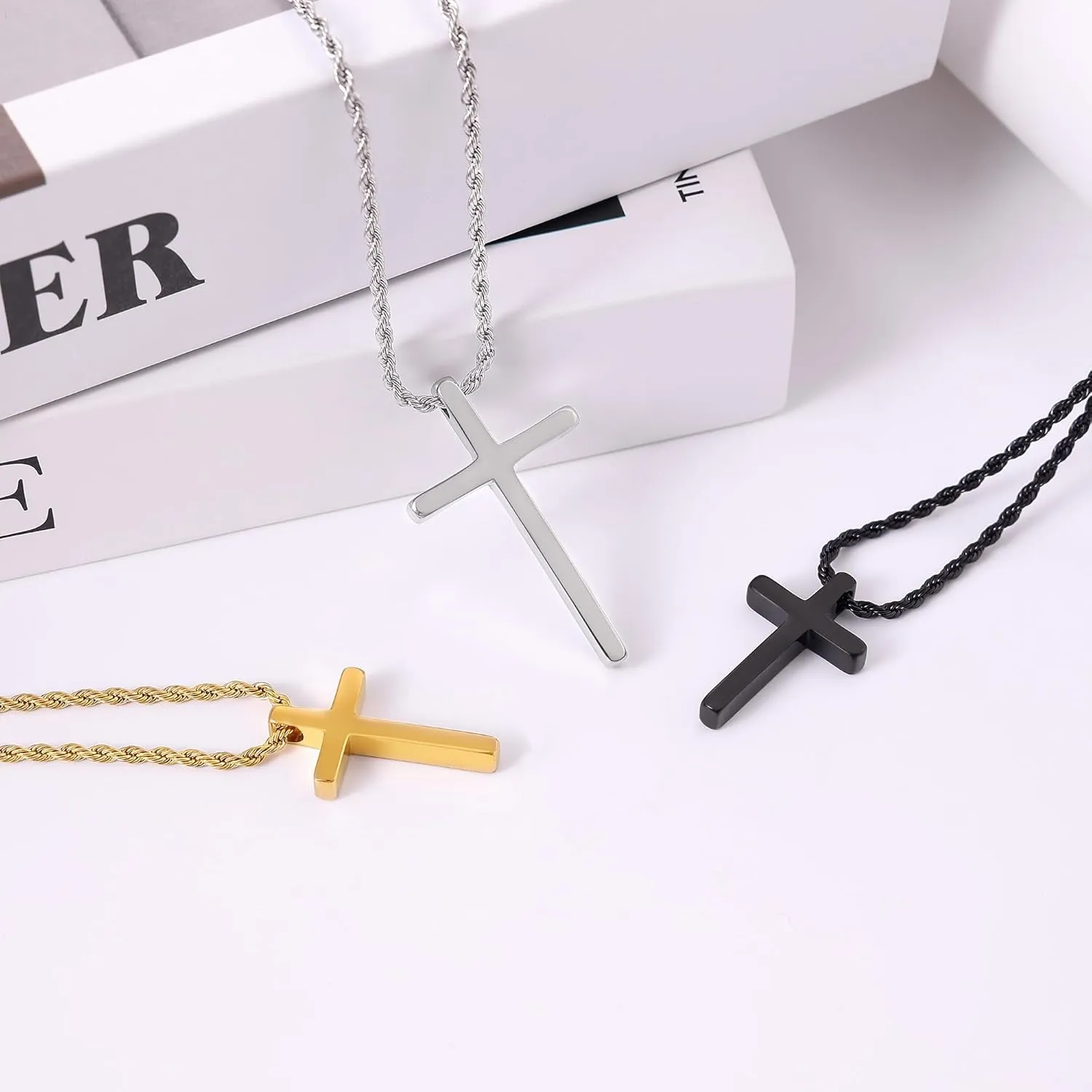 Fiusem Cross Necklace for Men, Mens Cross Necklaces with 2.5mm Rope Chain, Stainless Steel Pendant Chain 16-28 Inch, Jewelry Gift
