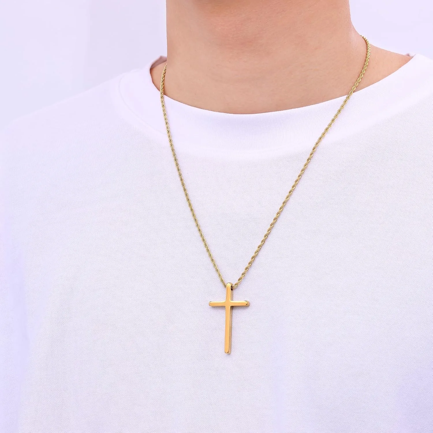 Fiusem Cross Necklace for Men, Mens Cross Necklaces with 2.5mm Rope Chain, Stainless Steel Pendant Chain 16-28 Inch, Jewelry Gift