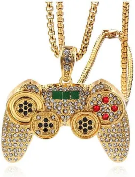 Fun Crystal Game Controller Pendant Necklace for Men - Punk Hip Hop Style Friendship Necklace for Best Friends - Chunky Wide Gamer Necklace for Game Lovers- Unique Christmas Birthday Gifts for Son Grandson