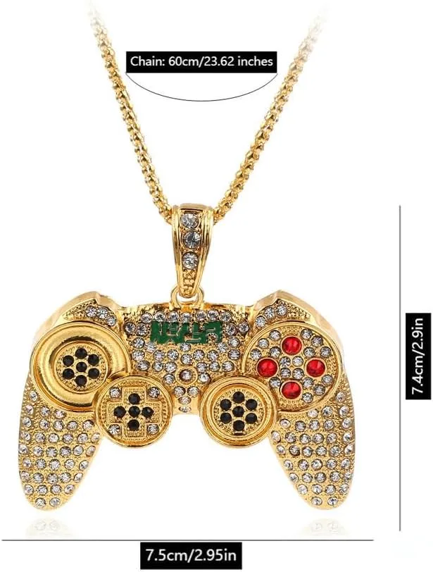 Fun Crystal Game Controller Pendant Necklace for Men - Punk Hip Hop Style Friendship Necklace for Best Friends - Chunky Wide Gamer Necklace for Game Lovers- Unique Christmas Birthday Gifts for Son Grandson