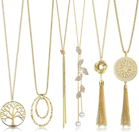 HAIAISO 6Pcs Long Necklaces for Women Tassel Pendant Necklace Circle Knot Bar Feather Leaf Sweater Necklace Statement Necklace for Women